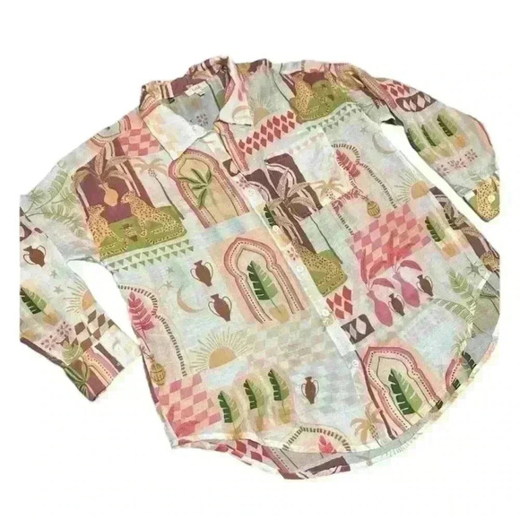 Peach Tops - Peach button down women’s blouse travel worldly unique lightweight eclectic